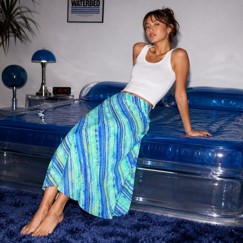 Kim Rogers Blue Green Abstract Stripe Midi Skirt NWT
